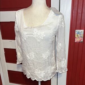 NWT Elena Baldi Italy Elegant White Embroidered Women's Top Small